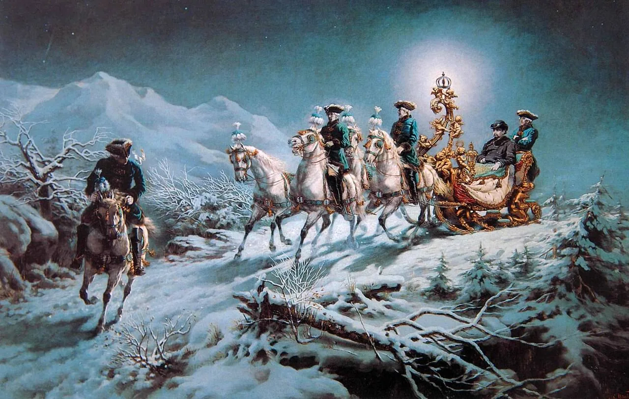 Ein Gemälde von Ludwigs II. nächtlicher Schlittenfahrt, von R. Wenig, um 1880